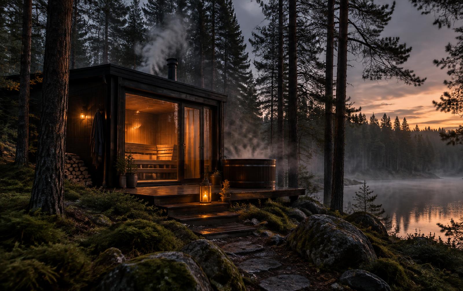 Steam rising from a forest sauna at dusk